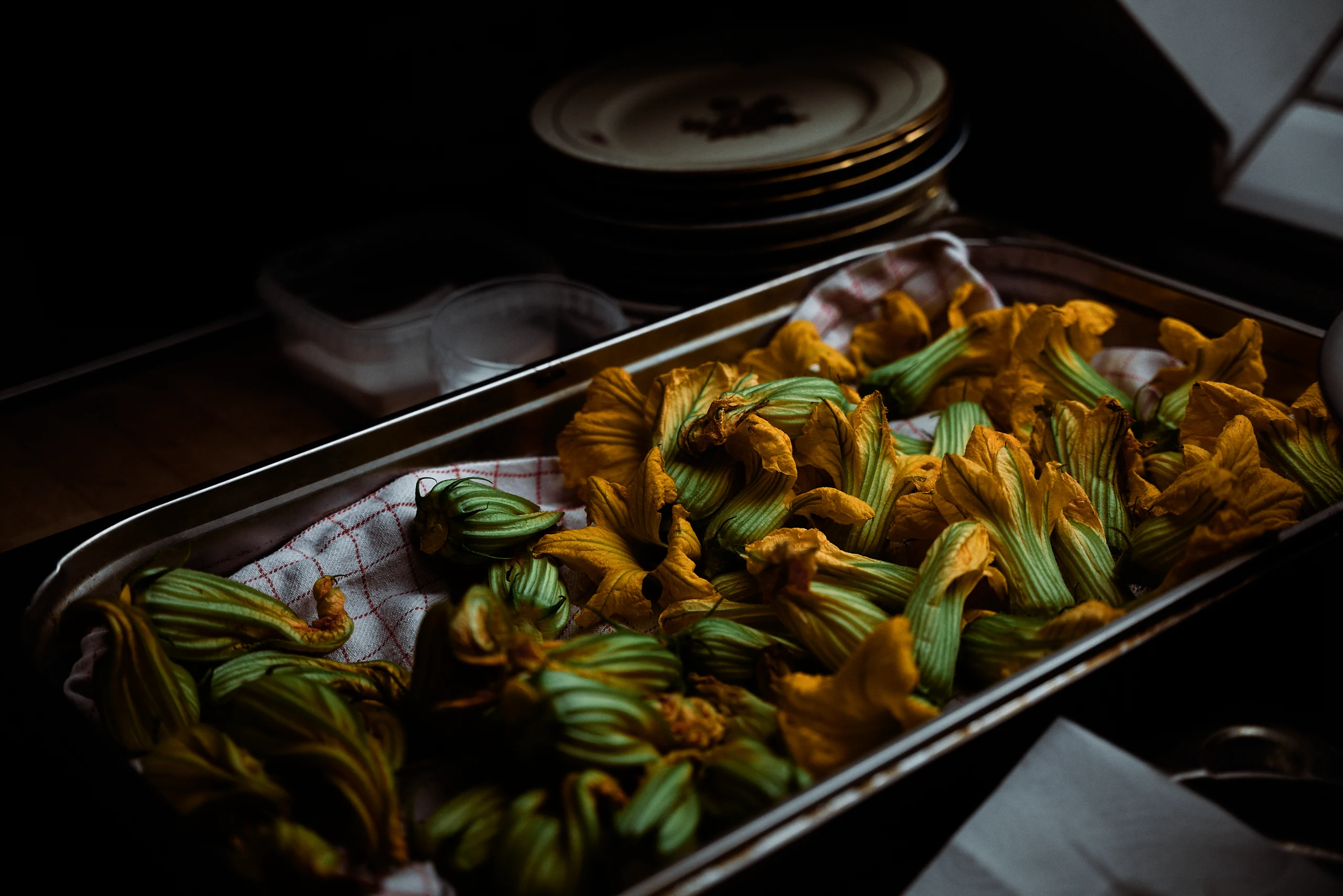 Seasonal vegetables roasting in the restaurant kitchen