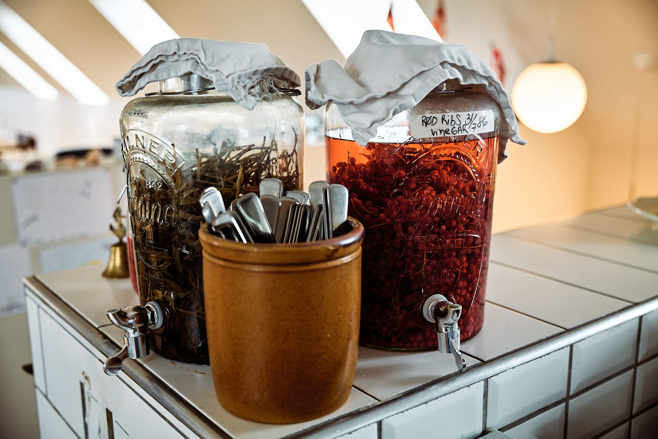 Jars of preserves and ingredients in the Birkemosegaard kitchen