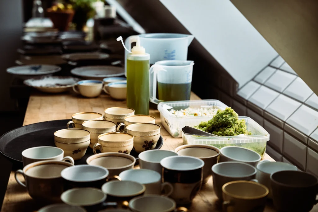 Bowls and ingredients arranged for service in the kitchen