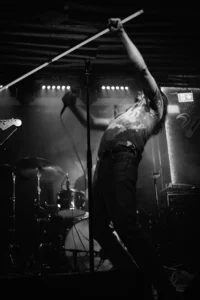 The vocalist of REAL FARMER lifting a microphone stand above the stage during a concert in Cologne.