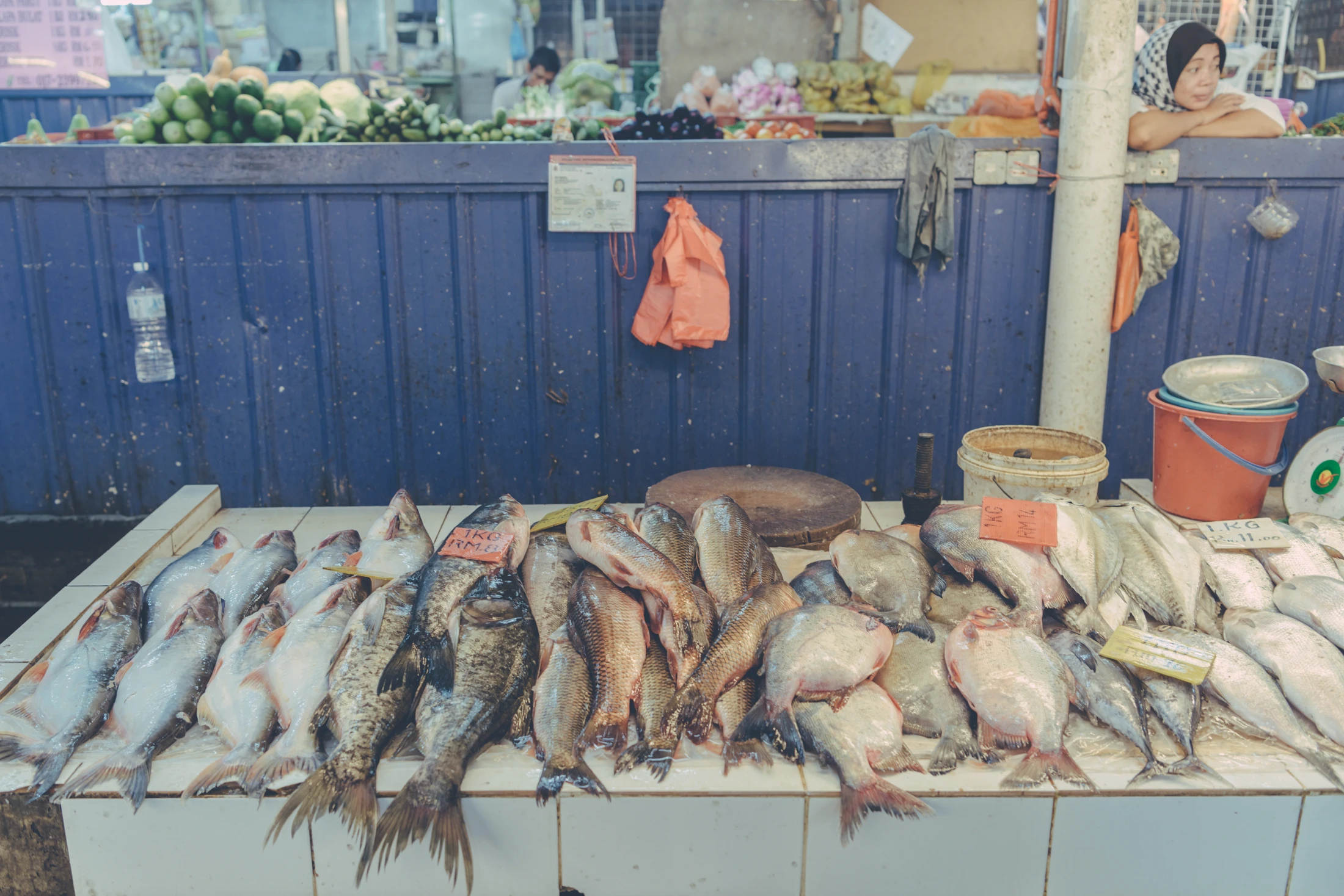 Rows of whole fish arranged on a tiled counter, with a market vendor standing behind the stall in Hong Kong.
