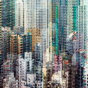 Abstract multilayer photograph of Hong Kong’s dense high-rise architecture, with overlapping façades in teal, white and warm tones and a construction crane among the buildings.
