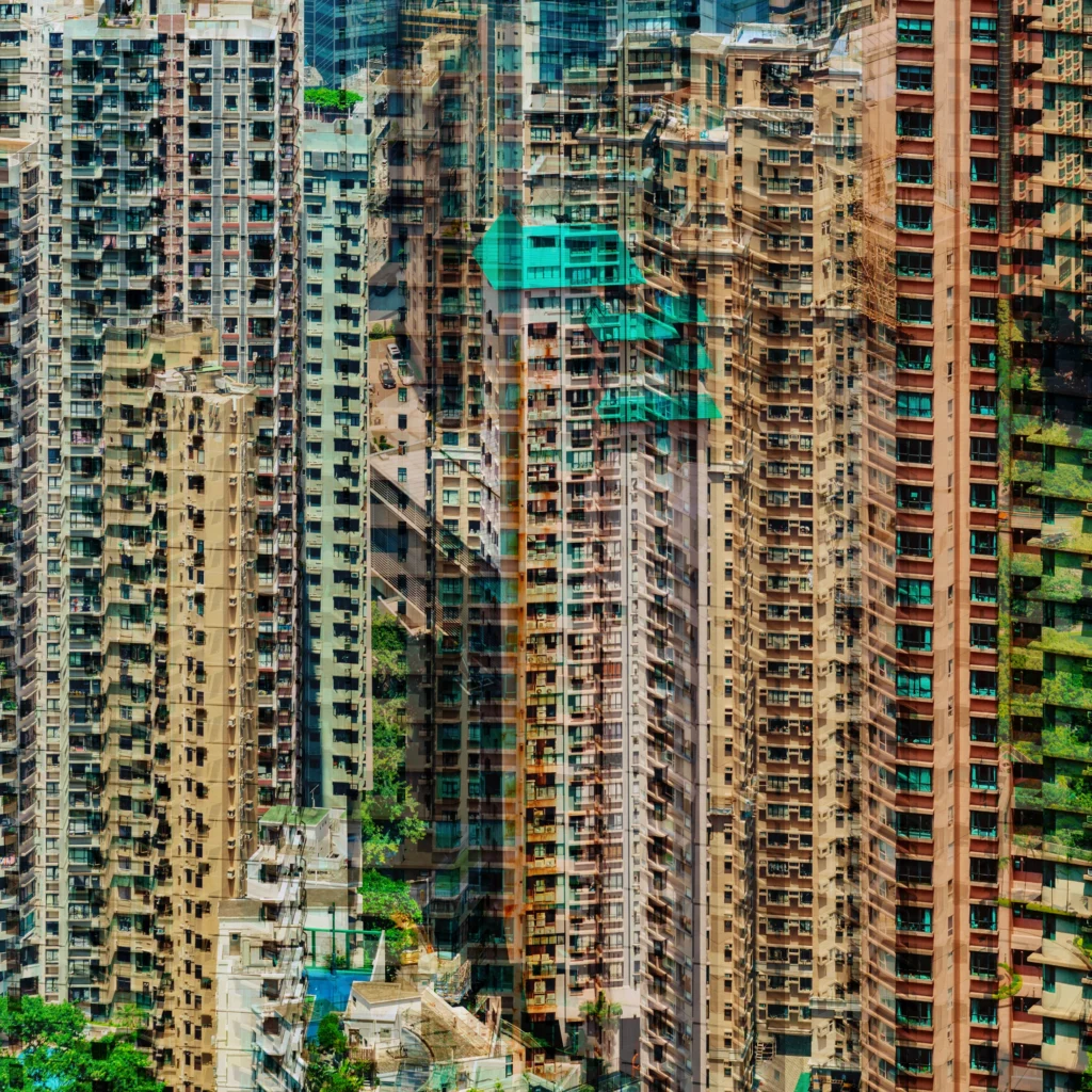 Abstract multilayer photograph of Hong Kong’s dense high-rise architecture, with overlapping façades in teal, white and warm tones and a construction crane among the buildings.