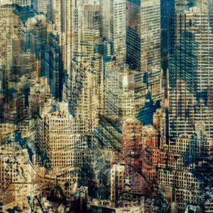 Abstract multilayer photograph of Manhattan architecture, combining overlapping urban structures, movement and light into a dense geometric composition.