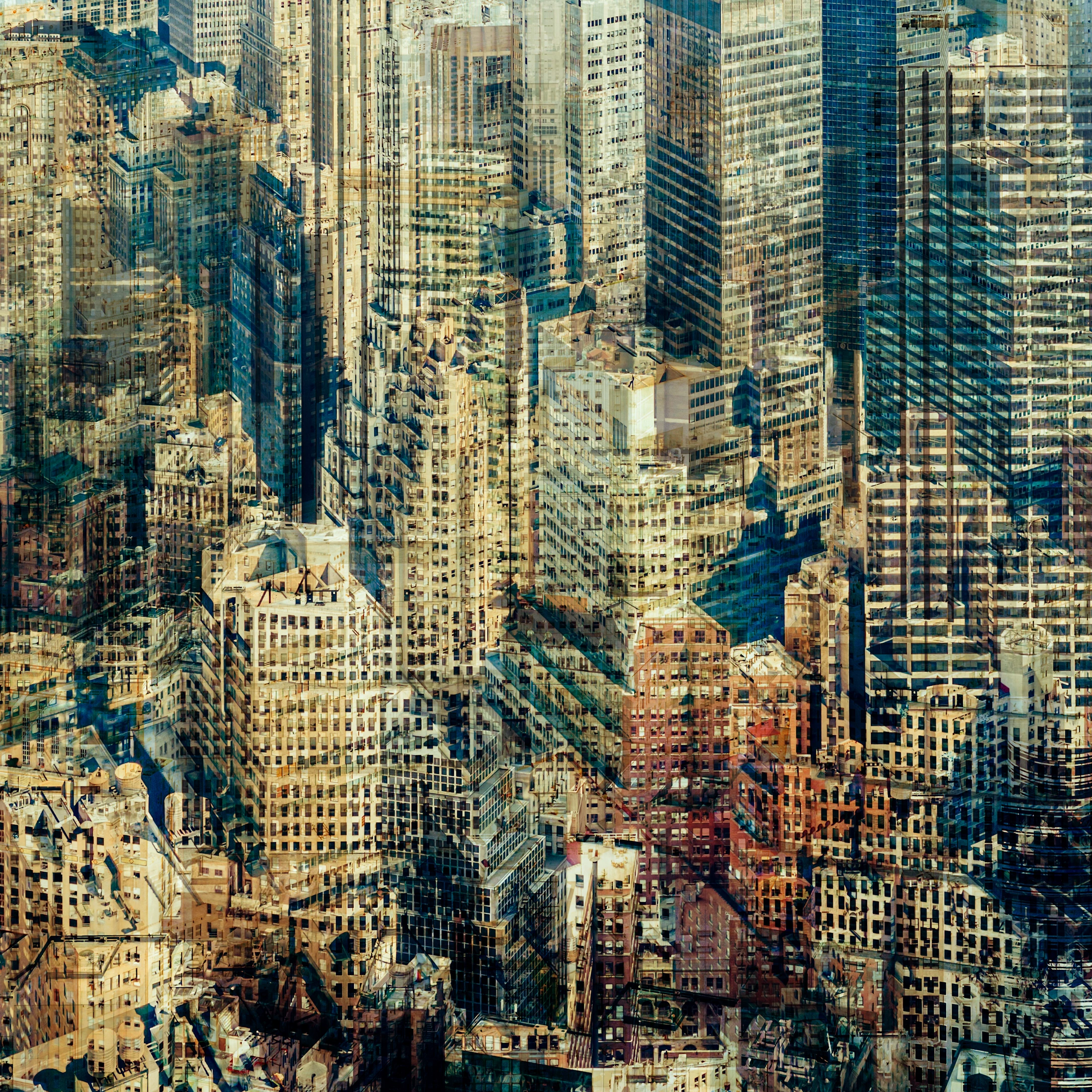 Abstract multilayer photograph of Manhattan architecture, combining overlapping urban structures, movement and light into a dense geometric composition.