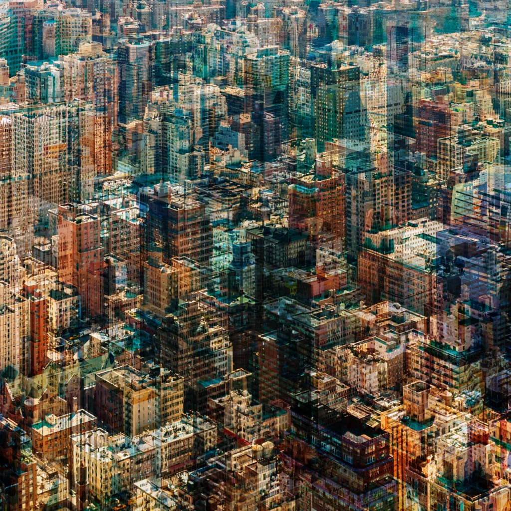 Abstract multilayer photograph of Manhattan architecture, combining overlapping urban structures, movement and light into a dense geometric composition.