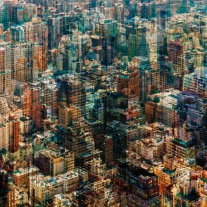 Abstract multilayer photograph of Manhattan architecture, combining overlapping urban structures, movement and light into a dense geometric composition.