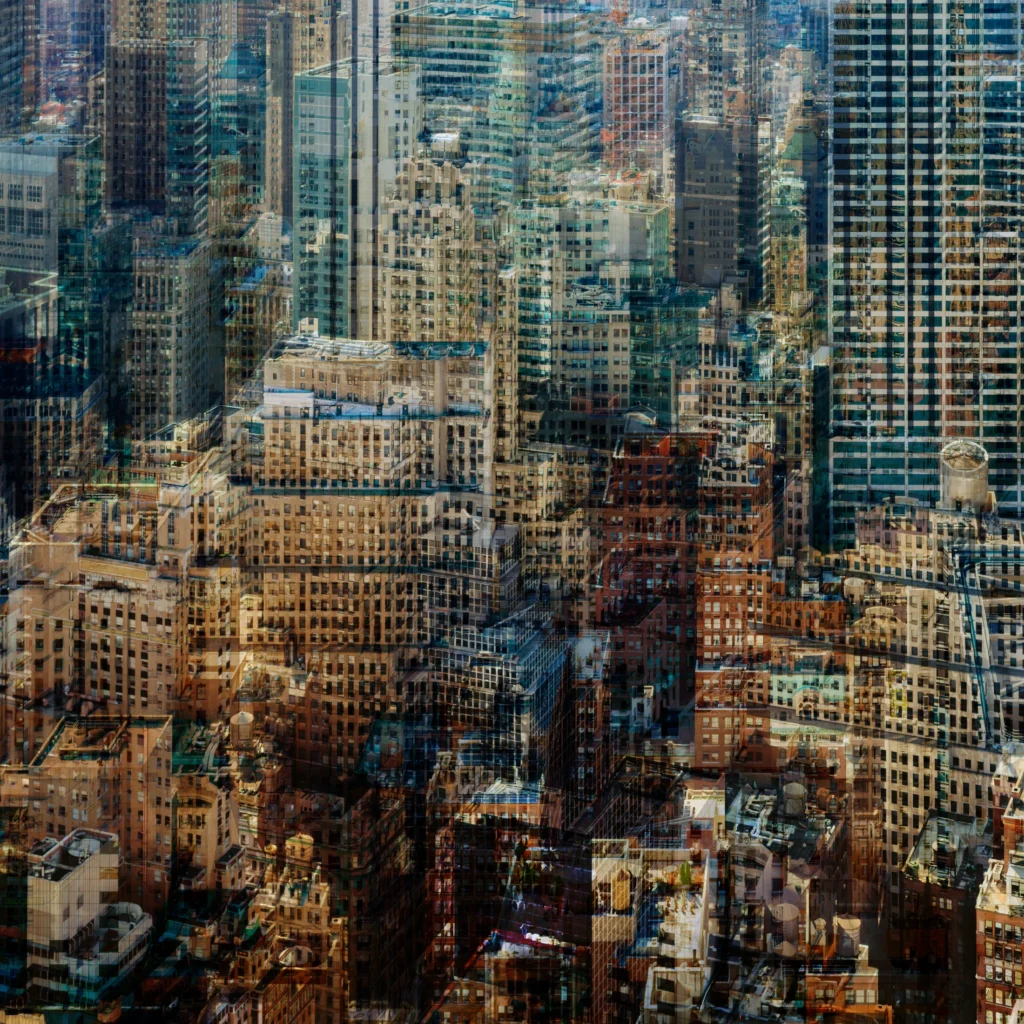 Abstract multilayer photograph of Manhattan architecture, combining overlapping urban structures, movement and light into a dense geometric composition.