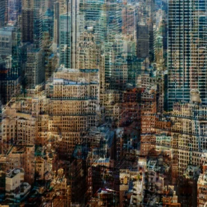 Abstract multilayer photograph of Manhattan architecture, combining overlapping urban structures, movement and light into a dense geometric composition.