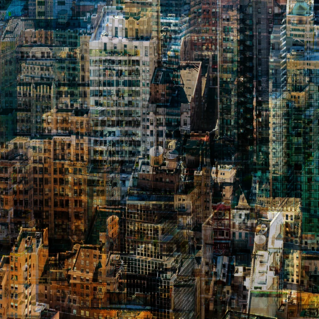 Abstract multilayer photograph of Manhattan architecture, combining overlapping urban structures, movement and light into a dense geometric composition.