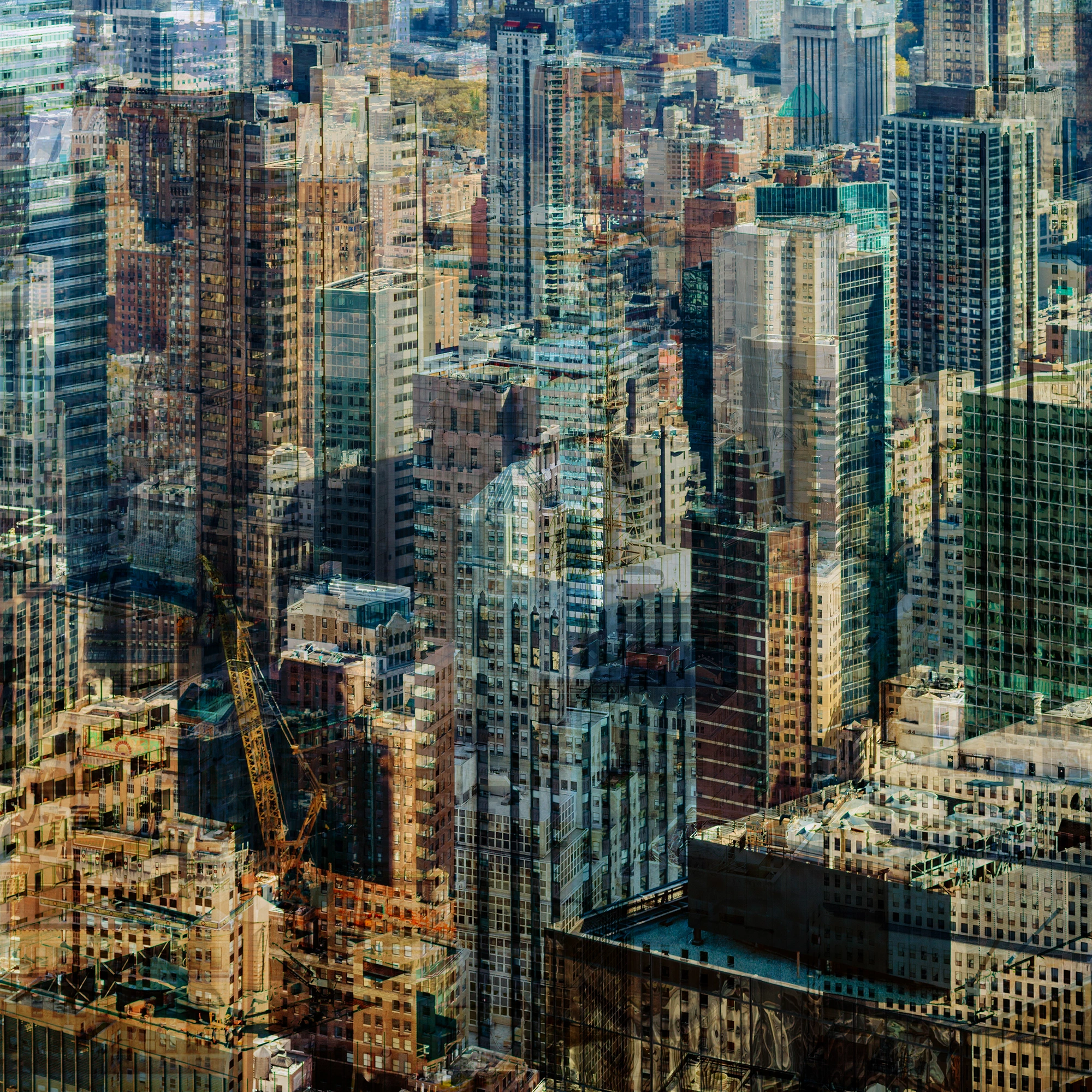 Abstract multilayer photograph of Manhattan architecture, combining overlapping urban structures, movement and light into a dense geometric composition.