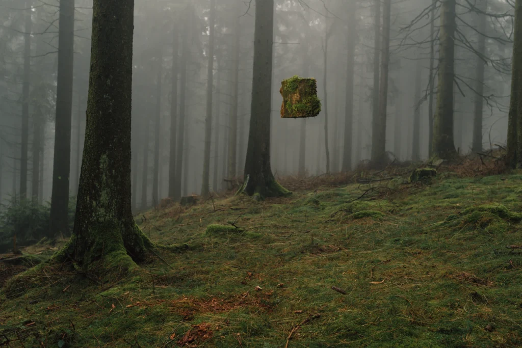 Heavy tree trunks are floating in. forest.